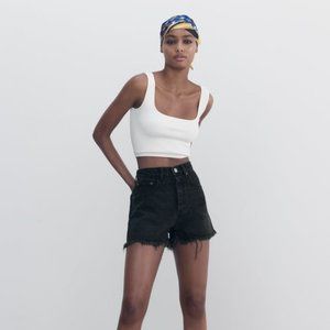 Zara Frayed Hi Rise Denim Shorts - Black